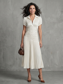 Theodora | Plissierter Taillenstreifen Midi-Kleid – Weiß