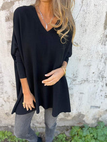 Annika | Damen Pullover mit Lockerer Passform und V-Ausschnitt – Schwarz