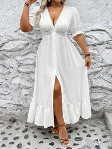 Midi |  Übergröße Kleid mit tiefem V-Ausschnitt und Oberschenkelschlitz – Weiss