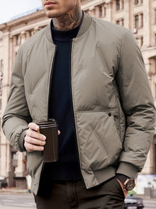 Warmer Baseballkragen Reißverschluss Solides Fleece Mit Taschen Winterjacke Für Herren | Perfekt für Outdoor-Aktivitäten – Khaki