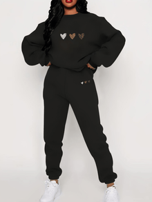 Bequemer Baumwollstrickpullover Mit Herzprint & Jogginghose Für Damen | Perfekt für Herbst/Winter – Schwarz