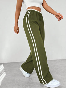 Damen Weite Beine Verstellbare Stoffhose – Grün