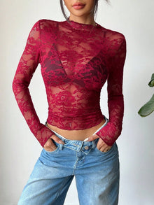 Cropped Spitzenbluse mit langen Ärmeln – Sexy, Transparent & Feminin – Burgundisch