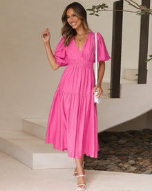 Elia- Kleid mit V-Ausschnitt und Puffärmeln – Rosa