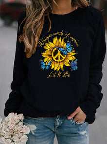Damen Sweatshirt mit künstlerischem Sonnenblumen- und Schmetterlingsdesign – Schwarz