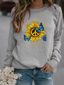Damen Sweatshirt mit künstlerischem Sonnenblumen- und Schmetterlingsdesign – Grau