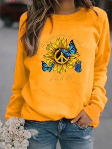 Damen Sweatshirt mit künstlerischem Sonnenblumen- und Schmetterlingsdesign – Gelb