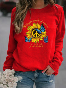 Damen Sweatshirt mit künstlerischem Sonnenblumen- und Schmetterlingsdesign – Rot