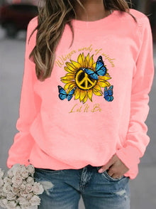 Damen Sweatshirt mit künstlerischem Sonnenblumen- und Schmetterlingsdesign – Rosa