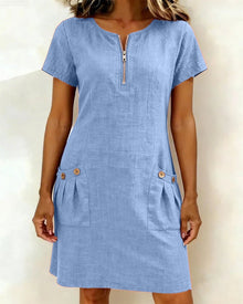 Krystan – Kurzärmeliges Utility Kleid Mit Reißverschluss Vorne – Blau