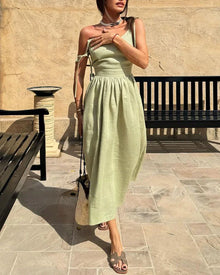 Maxikleid mit Spaghettiträgern | A-Linie | Sommerlicher Leinenlook – Grün