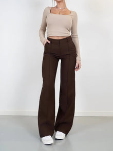 Damen High Waist Hose mit geradem Bein – Braun