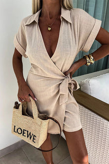 Saskia | Lässiger Leinen-Jumpsuit mit Revers – Apricot