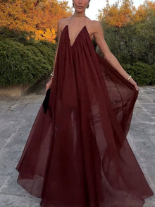 Elegantes Chiffon Maxikleid mit V Ausschnitt fließender Schnitt – Tiefrot