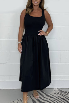 Stylisches ärmelloses A-Linien-Kleid mit quadratischem Ausschnitt – Schwarz