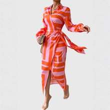 Gudrun | Damen Gestreiftes Wickel Midi Kleid – Orange