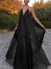 Elegantes Chiffon Maxikleid mit V Ausschnitt fließender Schnitt – Schwarz