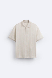 Strukturiertes Strick-Polo mit Reißverschluss – Beige