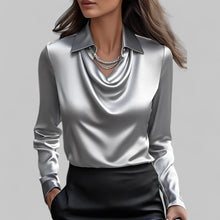 Rose Damen langärmelige Satinbluse mit Drapierung – Grau