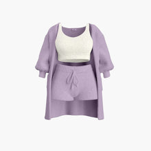 Loungewear Set - Damen Strick Outfit 3-teilig mit Cardigan – Lila