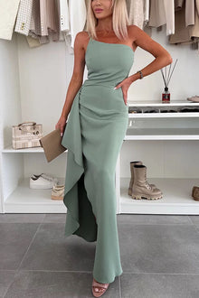 Damen One Shoulder Maxi Cami Kleid mit Drapierung und Schlitz – Grün