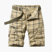 Herren Cargo Shorts mit Karomuster und Stoffgürtel – Khaki