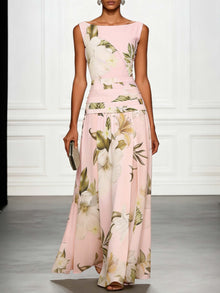 Fresh ärmelloses Party Maxikleid mit Bootsausschnitt und Print – Rosa