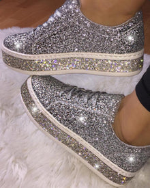 Stilvolle Plateau-Glitter Damen Sneakers - Sienna – Silber