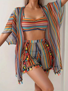 Damen Bikini Set mit Cover Up Shirt und Strandshorts – Mehrfarbig