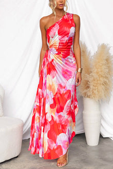 Plissiertes One-Shoulder-Kleid mit floralem Muster – Elegant & Feminin – Rot/Rosa