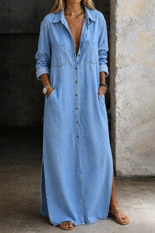 Noshina – Maxi-Kjole I Denim Med Knapper Foran – Blau