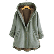 Damen Kapuzenjacke im Karo-Look – Warme Winterjacke mit Plüschfutter und Knopfleiste – Grün