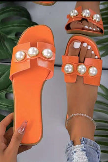 Ellie | Leichtgewicht Leder Designer Slides mit Riesig Perlenverzierung – Orange