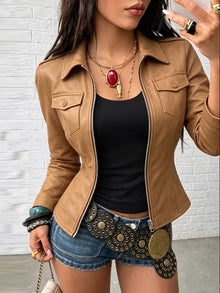 Shiona – Lederjacke Mit Vordertaschen – Braun