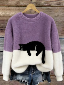 Aiste - Lässiger Pullover Mit Katzenmotiv – Violett