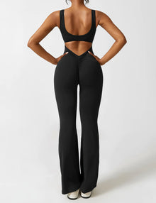 Ausgestellter Jumpsuit mit V-Rücken für Damen – Schwarz