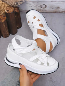 Bequeme Sandalen mit Keilabsatz und Klettverschluss für Damen – weiß
