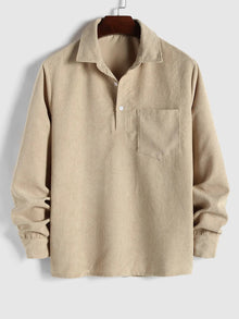 Herren Corduroy Langarmhemd mit halber Knopfleiste – Khaki