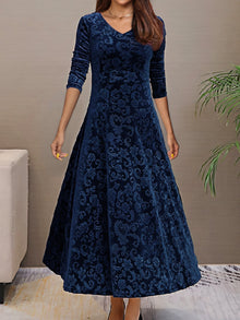 Elegantes V-Ausschnitt Langarm Blumenmusterformelles Kleid Für Damen | Für formelle Anlässe – Blau