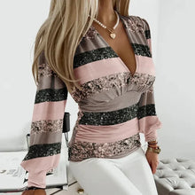 ChicStyle™ – Damen Langarmshirt V-Ausschnitt Eleganter Look & Hoher Tragekomfort – Rosa & Schwarz gestreift