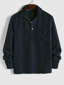 Herren Corduroy Langarmhemd mit halber Knopfleiste – Blau
