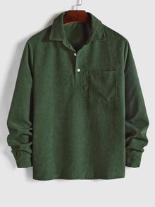 Herren Corduroy Langarmhemd mit halber Knopfleiste – Army Grun