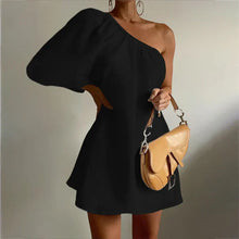 Damen One-Shoulder Kleid + Puffärmel + eleganter Stil – Schwarz