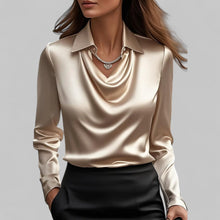 Rose Damen langärmelige Satinbluse mit Drapierung – Champagner