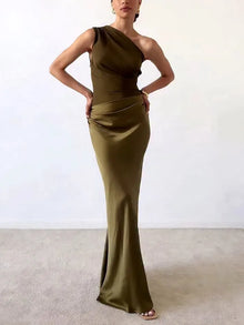One Shoulder plissiertes Party Maxikleid – Dunkelgrün
