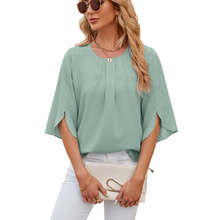 Leichte Fließende Unifarbene Rundhals Dreiviertelarm Chiffon Bluse – Hellgrün