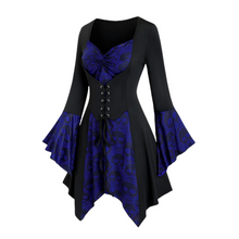 Damen Gothic Halloween-Kleid mit Spitze | Midi-Länge und Trompetenärmeln – Blau