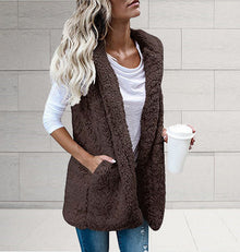 Damen nan flauschige Teddyweste mit Schalkragen und Eingrifftaschen Drune – Kaffeebraun