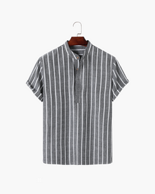 Charles | Gestreiftes Herren-Sommer Leinenhemd mit Stehkragen – Grau
