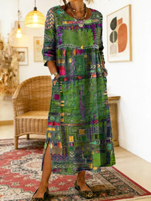 Manuela | Denim-Kleid mit ethnischem Patchwork – Grün